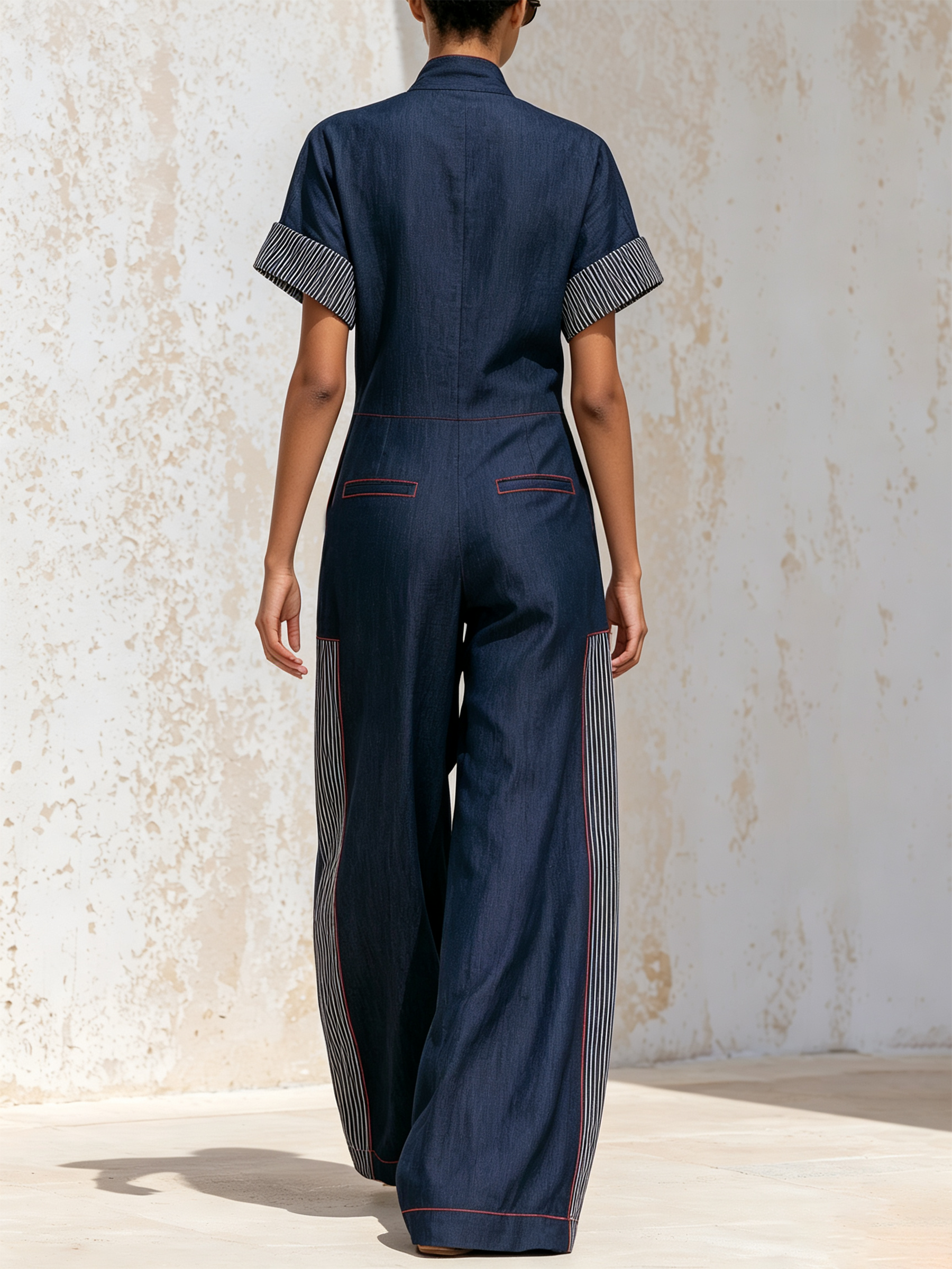Navy Workwear Contrast Red Stitch Striped Panel Wide Leg Jumpsuit