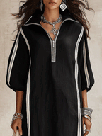 Women's Zip Collar Contrast Striped Long Sleeve Maxi Dress