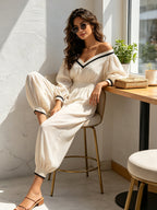 Women's Off Shoulder Long Sleeve Jumpsuit – Elastic Waist Casual Loose Fit Romper With Pockets