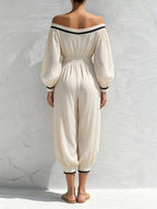 Women's Off Shoulder Long Sleeve Jumpsuit – Elastic Waist Casual Loose Fit Romper With Pockets