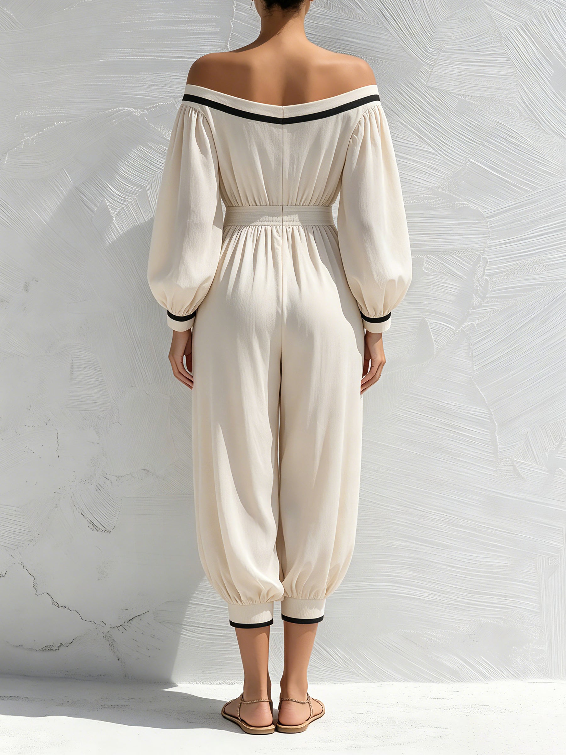 Women's Off Shoulder Long Sleeve Jumpsuit – Elastic Waist Casual Loose Fit Romper With Pockets