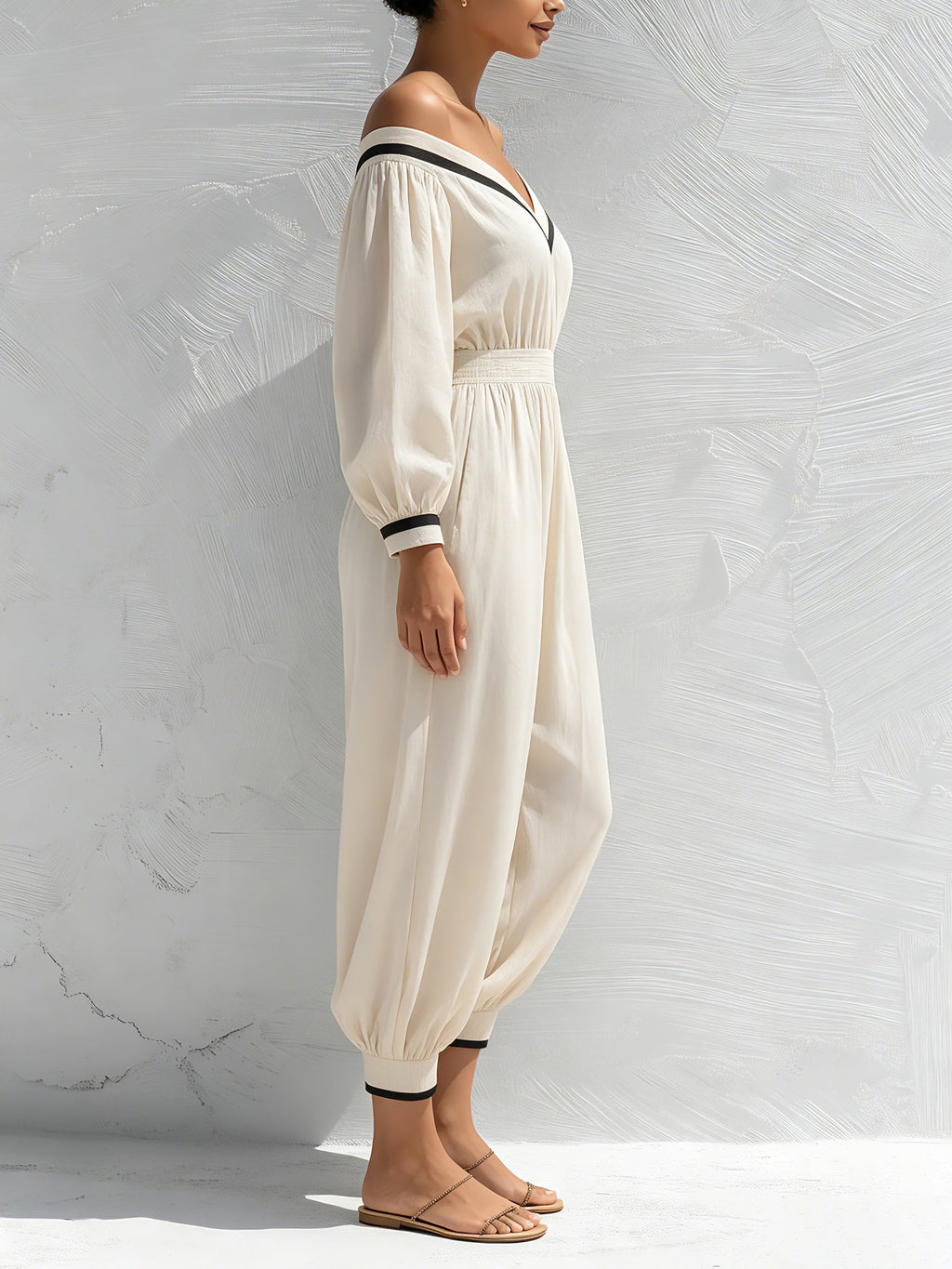 Women's Off Shoulder Long Sleeve Jumpsuit – Elastic Waist Casual Loose Fit Romper With Pockets