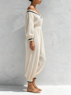 Women's Off Shoulder Long Sleeve Jumpsuit – Elastic Waist Casual Loose Fit Romper With Pockets