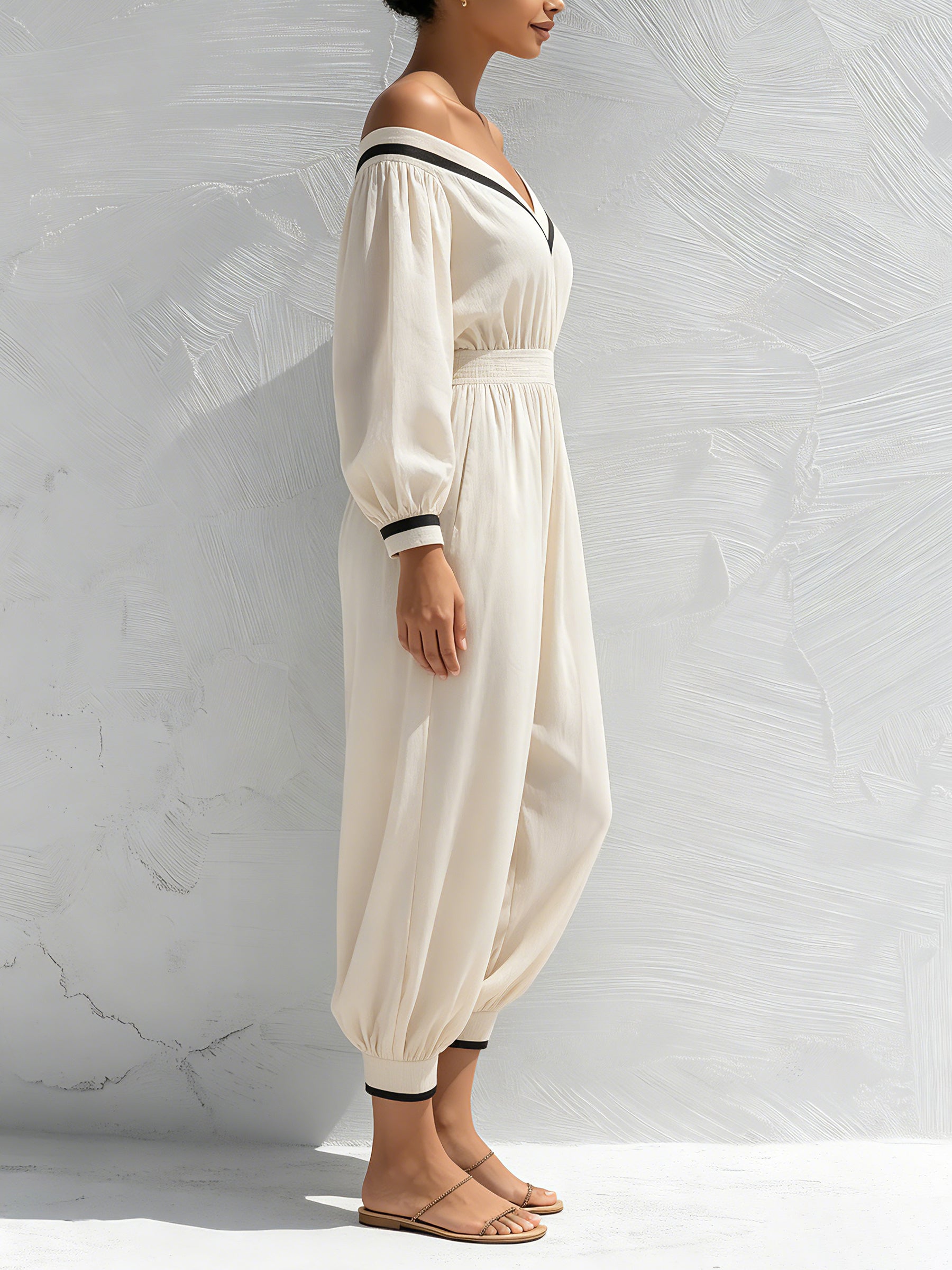 Women's Off Shoulder Long Sleeve Jumpsuit – Elastic Waist Casual Loose Fit Romper With Pockets