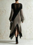Women's Loose-Fit Color-Block Knit Top – Bohemian V-Neck Long-Sleeve Sweater