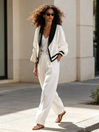 Minimalist Contrast Knit Cardigan & Wide-Leg Pants Set – Elegant Casual Two-Piece Outfit