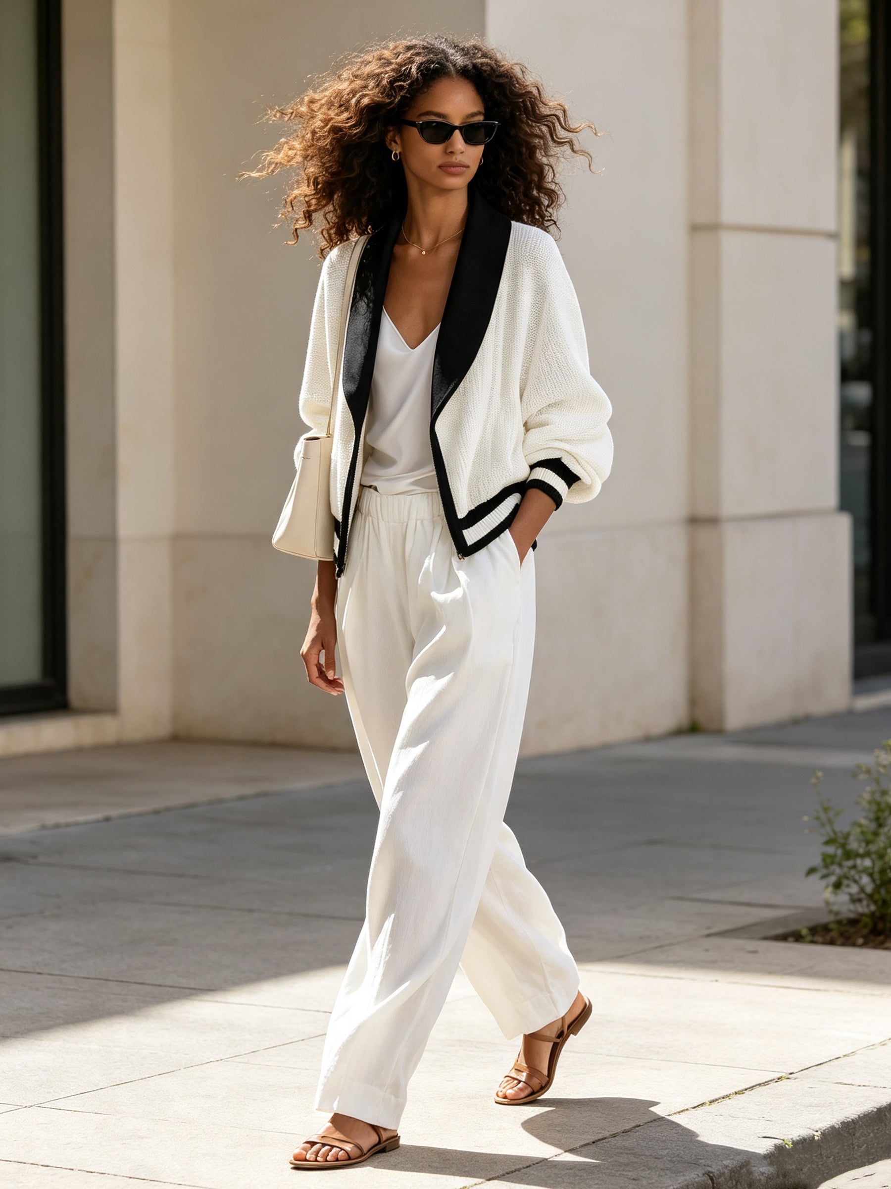 Minimalist Contrast Knit Cardigan & Wide-Leg Pants Set – Elegant Casual Two-Piece Outfit