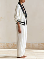 Minimalist Contrast Knit Cardigan & Wide-Leg Pants Set – Elegant Casual Two-Piece Outfit