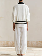 Minimalist Contrast Knit Cardigan & Wide-Leg Pants Set – Elegant Casual Two-Piece Outfit