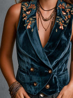 Boho Floral Embroidered Double-Breasted Vest
