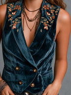Boho Floral Embroidered Double-Breasted Vest