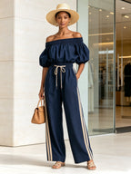 Women's Off Shoulder Puff Sleeve Jumpsuit – Drawstring Waist Wide Leg One-Piece Outfit