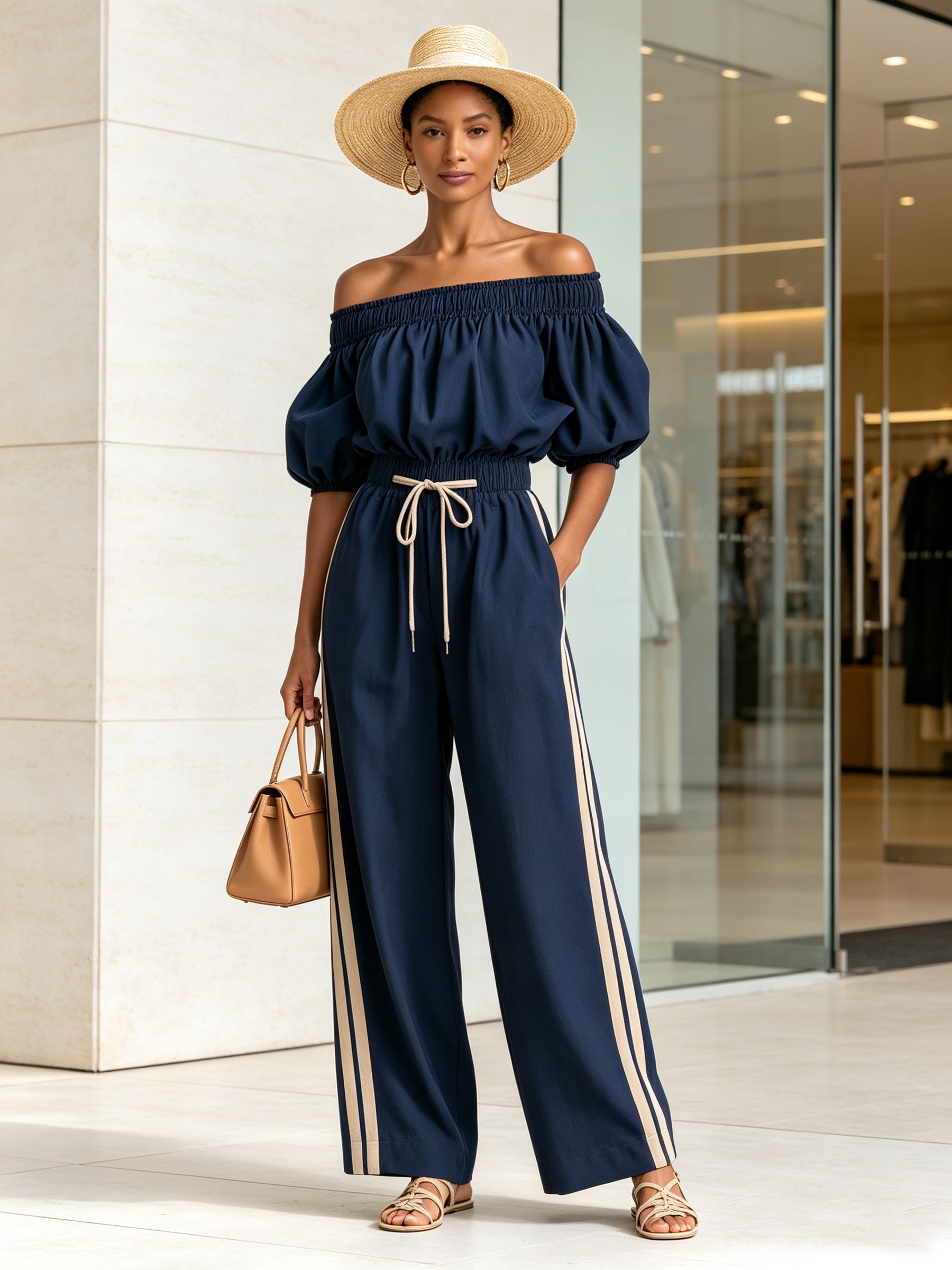 Women's Off Shoulder Puff Sleeve Jumpsuit – Drawstring Waist Wide Leg One-Piece Outfit