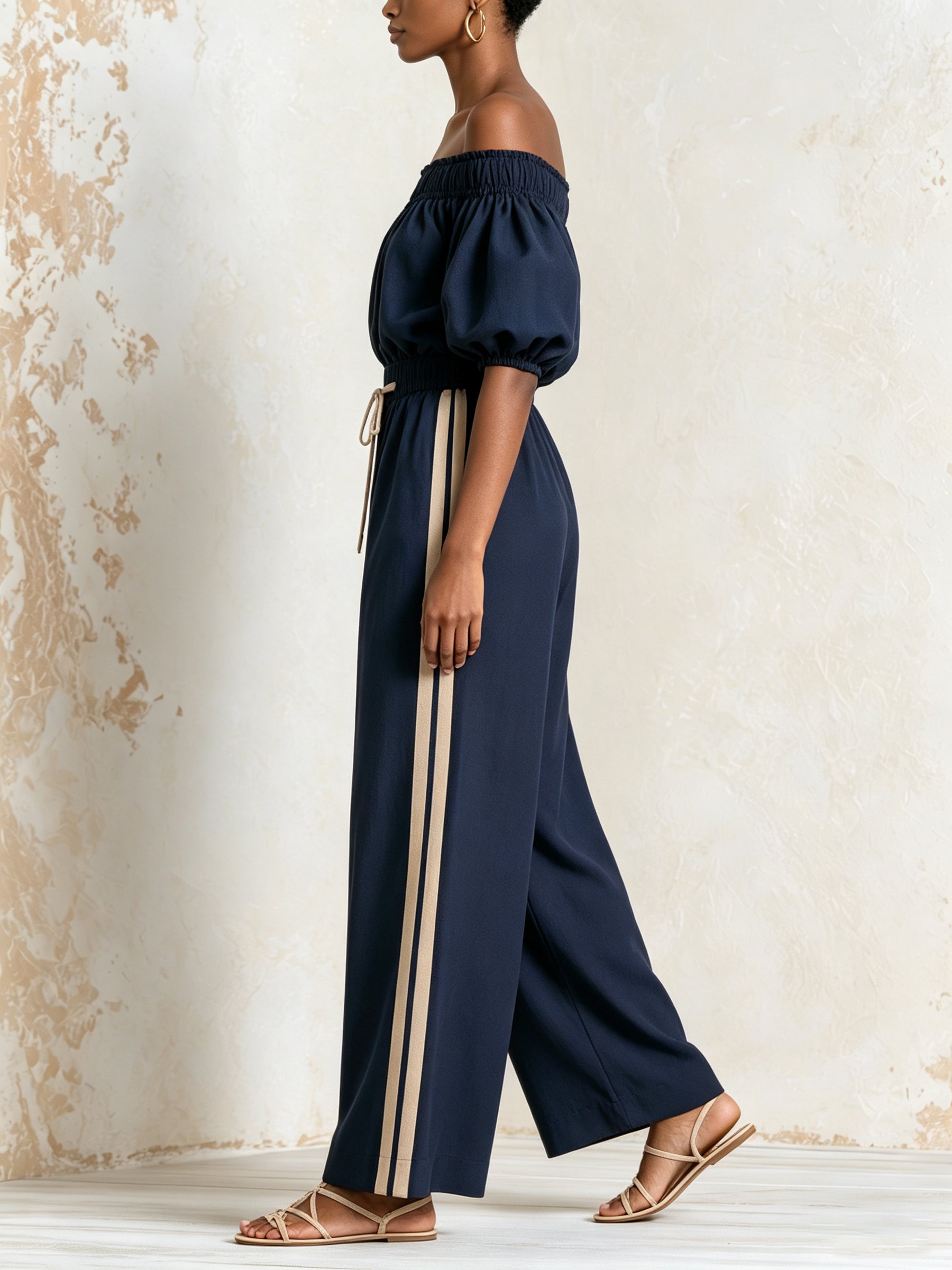 Women's Off Shoulder Puff Sleeve Jumpsuit – Drawstring Waist Wide Leg One-Piece Outfit