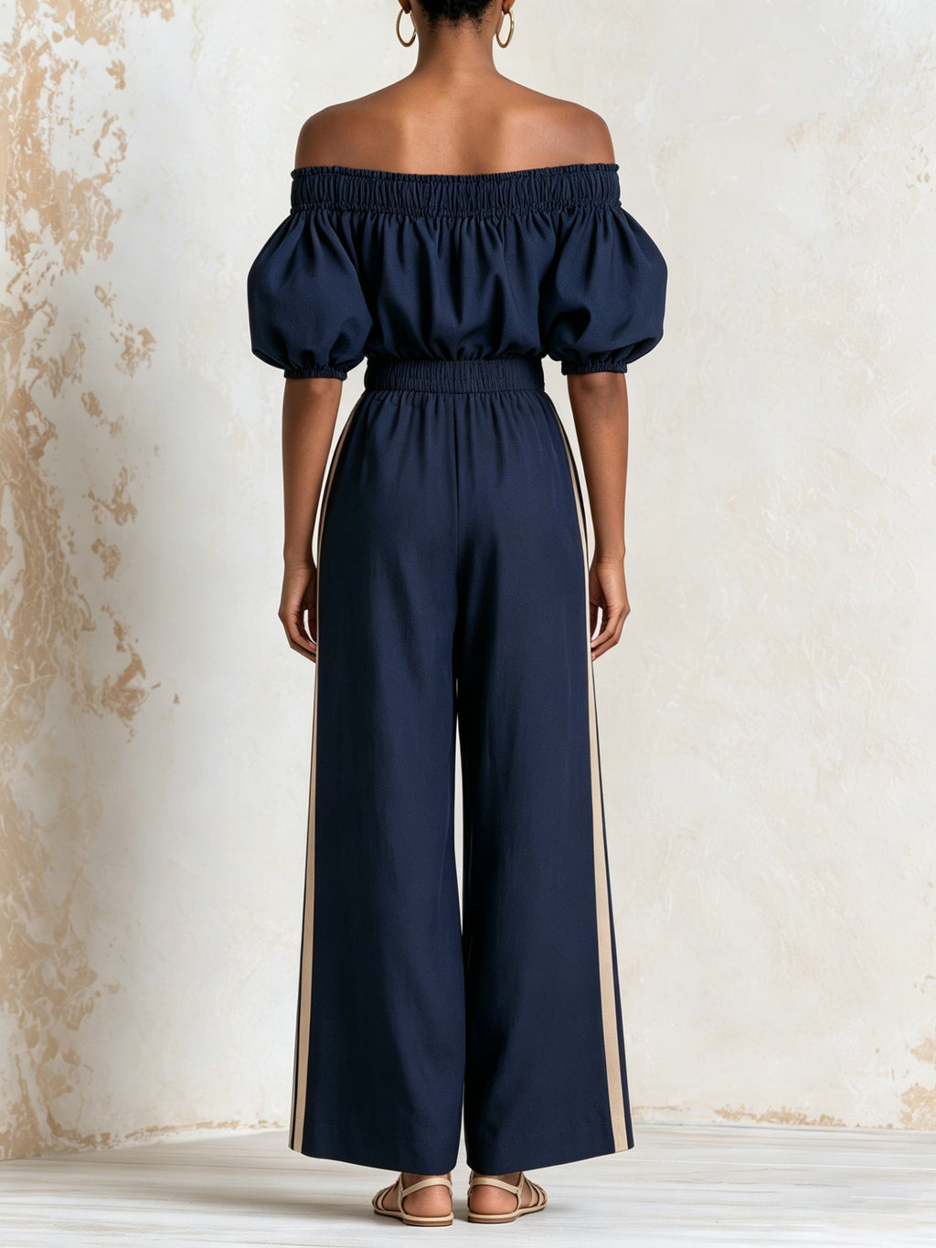 Women's Off Shoulder Puff Sleeve Jumpsuit – Drawstring Waist Wide Leg One-Piece Outfit