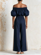 Women's Off Shoulder Puff Sleeve Jumpsuit – Drawstring Waist Wide Leg One-Piece Outfit