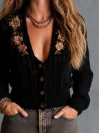Boho Black Floral Embroidered Button-Front Cardigan