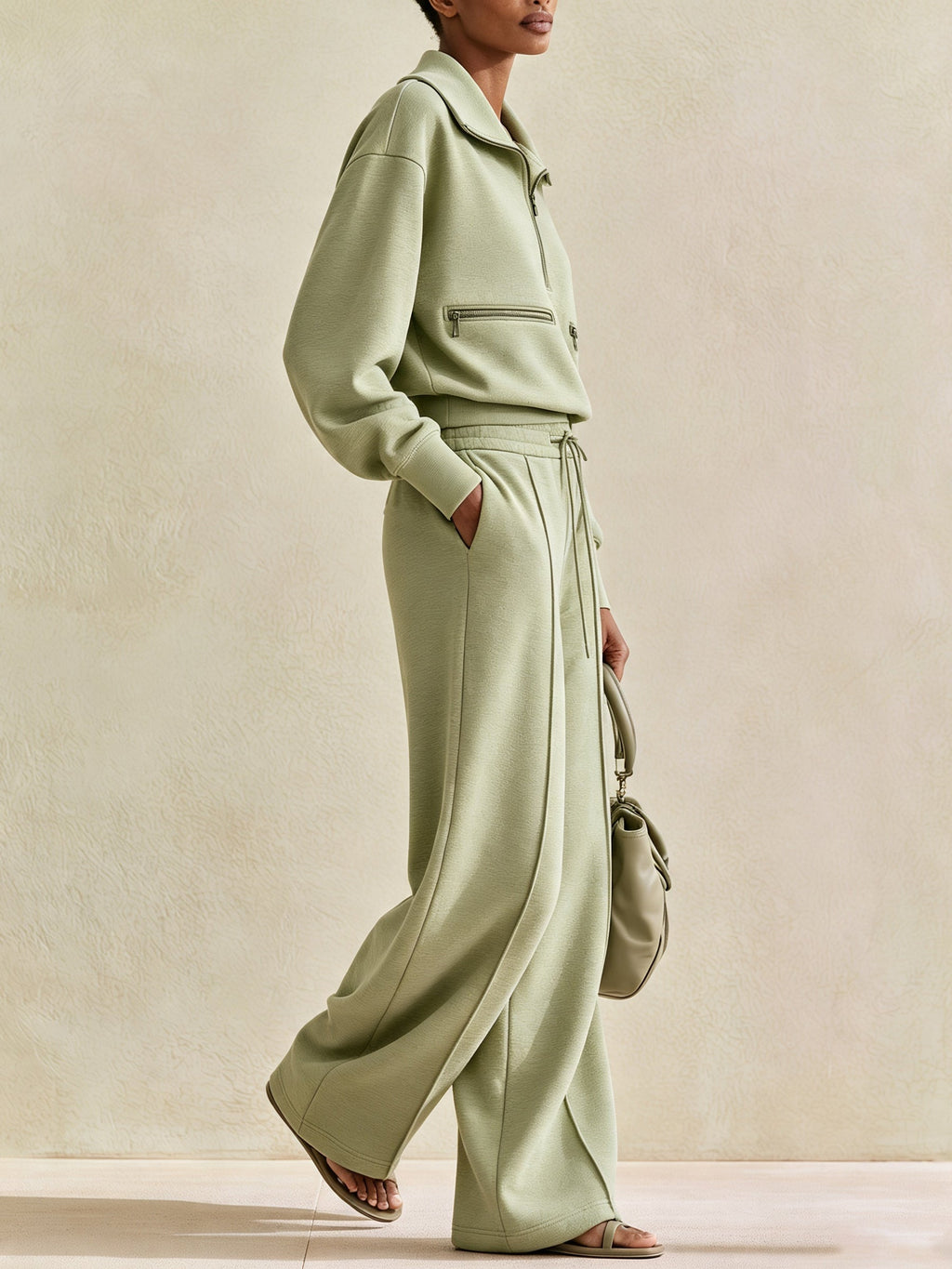 Minimalist Half-Zip Pullover & Wide-Leg Pants Set – Luxury Casual Two-Piece Lounge Outfit