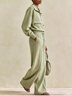 Minimalist Half-Zip Pullover & Wide-Leg Pants Set – Luxury Casual Two-Piece Lounge Outfit