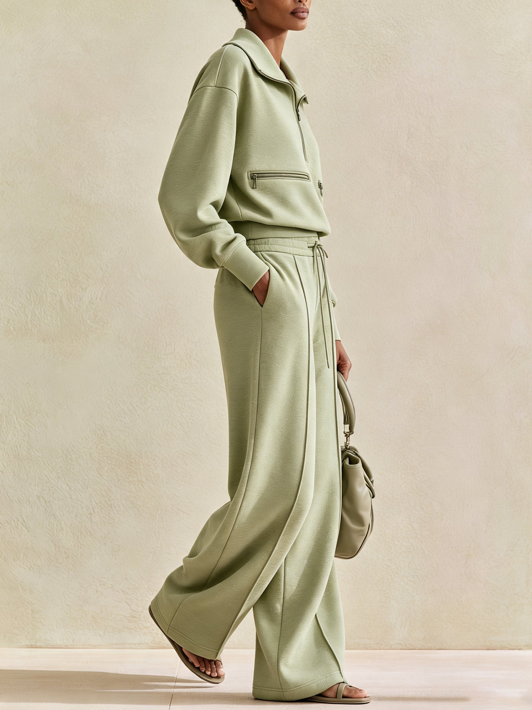 Minimalist Half-Zip Pullover & Wide-Leg Pants Set – Luxury Casual Two-Piece Lounge Outfit