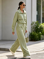 Minimalist Half-Zip Pullover & Wide-Leg Pants Set – Luxury Casual Two-Piece Lounge Outfit