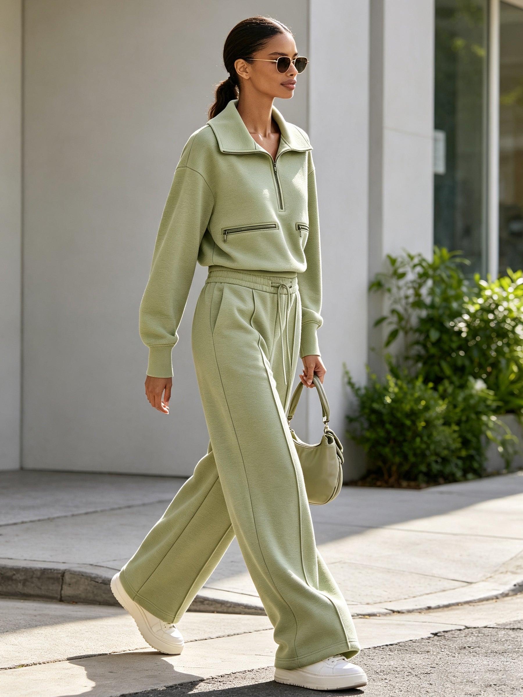 Minimalist Half-Zip Pullover & Wide-Leg Pants Set – Luxury Casual Two-Piece Lounge Outfit