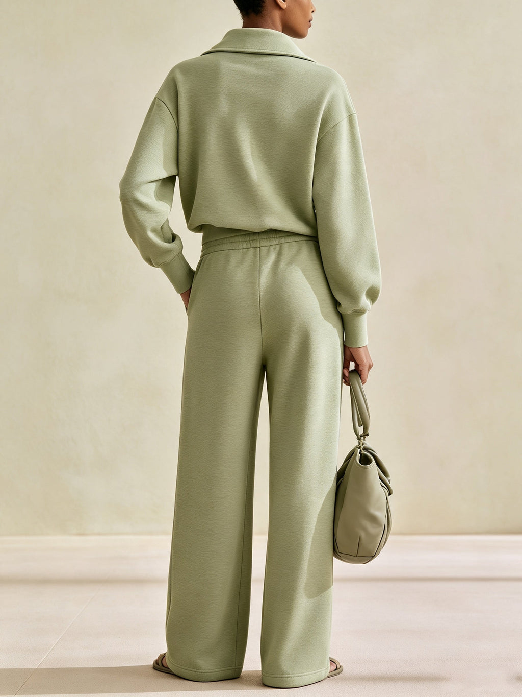 Minimalist Half-Zip Pullover & Wide-Leg Pants Set – Luxury Casual Two-Piece Lounge Outfit