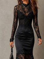 Retro Elegant Black Lace Satin Mock Neck Mermaid Midi Dress