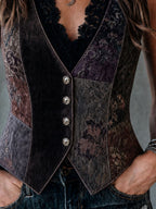 Boho Floral Patchwork Print Velvet Button Vest