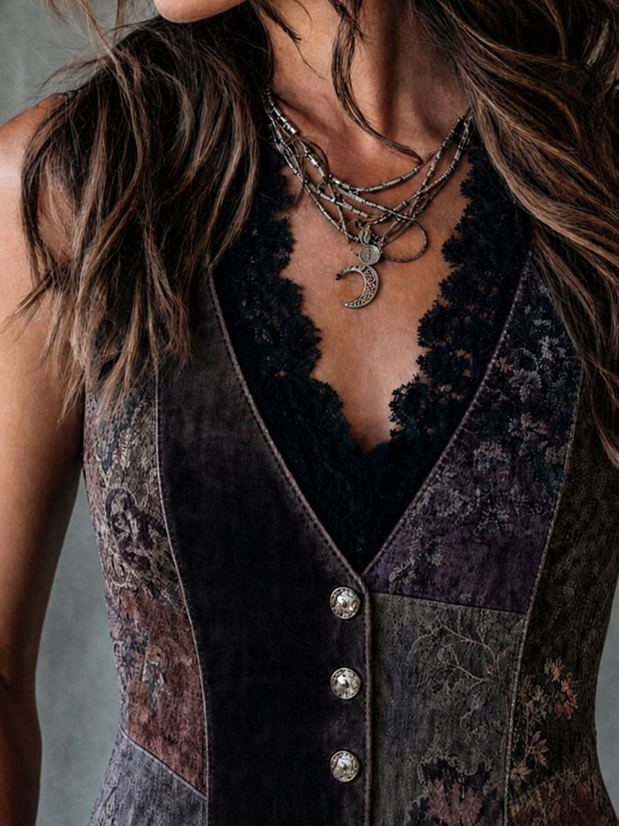 Boho Floral Patchwork Print Velvet Button Vest