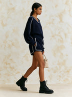 Contrast Trim Knit Top & Shorts Two-Piece Set
