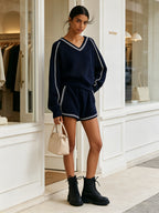 Contrast Trim Knit Top & Shorts Two-Piece Set