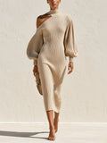 Elegant Ribbed Knit Midi Dress – One-Shoulder Cutout Long Sleeve Sweater Dress