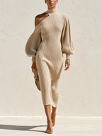 Elegant Ribbed Knit Midi Dress – One-Shoulder Cutout Long Sleeve Sweater Dress