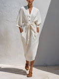 Women’s Minimalist V-Neck Button Front Midi Dress – Relaxed Fit Tie Waist Long Sleeve Casual Dress