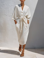 Women’s Minimalist V-Neck Button Front Midi Dress – Relaxed Fit Tie Waist Long Sleeve Casual Dress