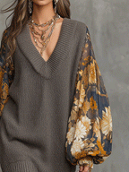 V-Neck Sweater Overlay Floral Print Balloon Sleeve Midi Dress