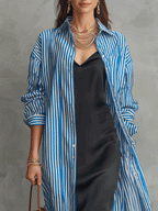 Quiet Luxury Silky Stripe-Shirt & Bias Slip Blue & Black Layered Set