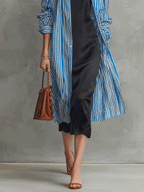 Quiet Luxury Silky Stripe-Shirt & Bias Slip Blue & Black Layered Set