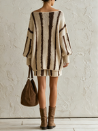 Cream Base Irregular Brown Vertical Stripe Oversized Knit Two-Piece Set