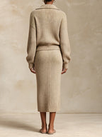 Women's Knit Two Piece Skirt Set – Quarter Zip Long Sleeve Sweater & Ribbed Midi Pencil Skirt