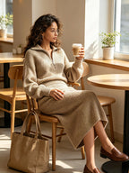 Women's Knit Two Piece Skirt Set – Quarter Zip Long Sleeve Sweater & Ribbed Midi Pencil Skirt
