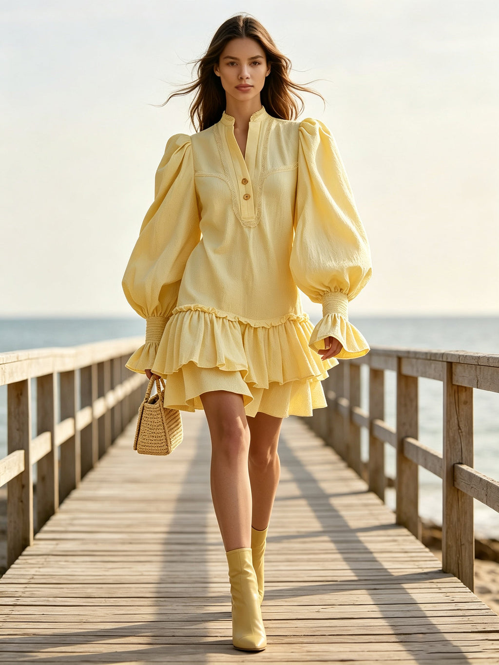 Women's Ruffle Hem Mini Dress – Stand Collar Balloon Sleeve Boho Shift Dress