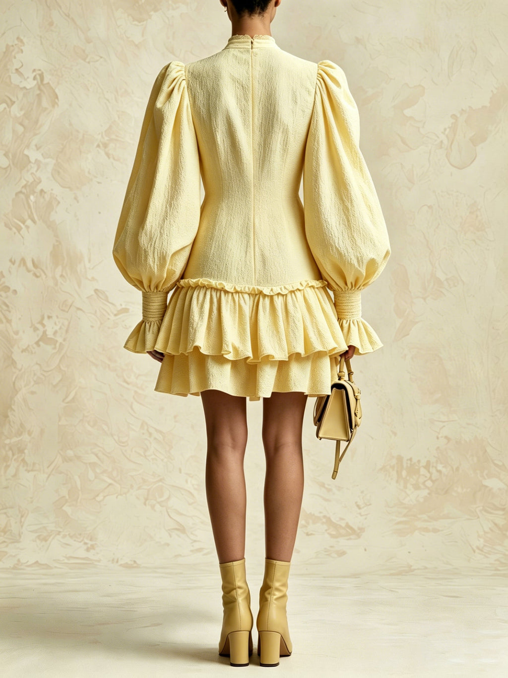 Women's Ruffle Hem Mini Dress – Stand Collar Balloon Sleeve Boho Shift Dress