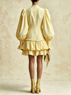 Women's Ruffle Hem Mini Dress – Stand Collar Balloon Sleeve Boho Shift Dress