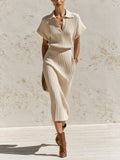 Women's Ribbed Knit Polo Top & Midi Skirt Set | Elegant Two-Piece Matching Outfit
