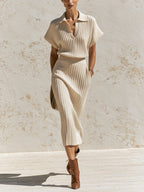 Women's Ribbed Knit Polo Top & Midi Skirt Set | Elegant Two-Piece Matching Outfit
