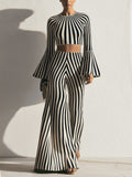 Striped Knit Two-Piece Set – Bell Sleeve Crop Top