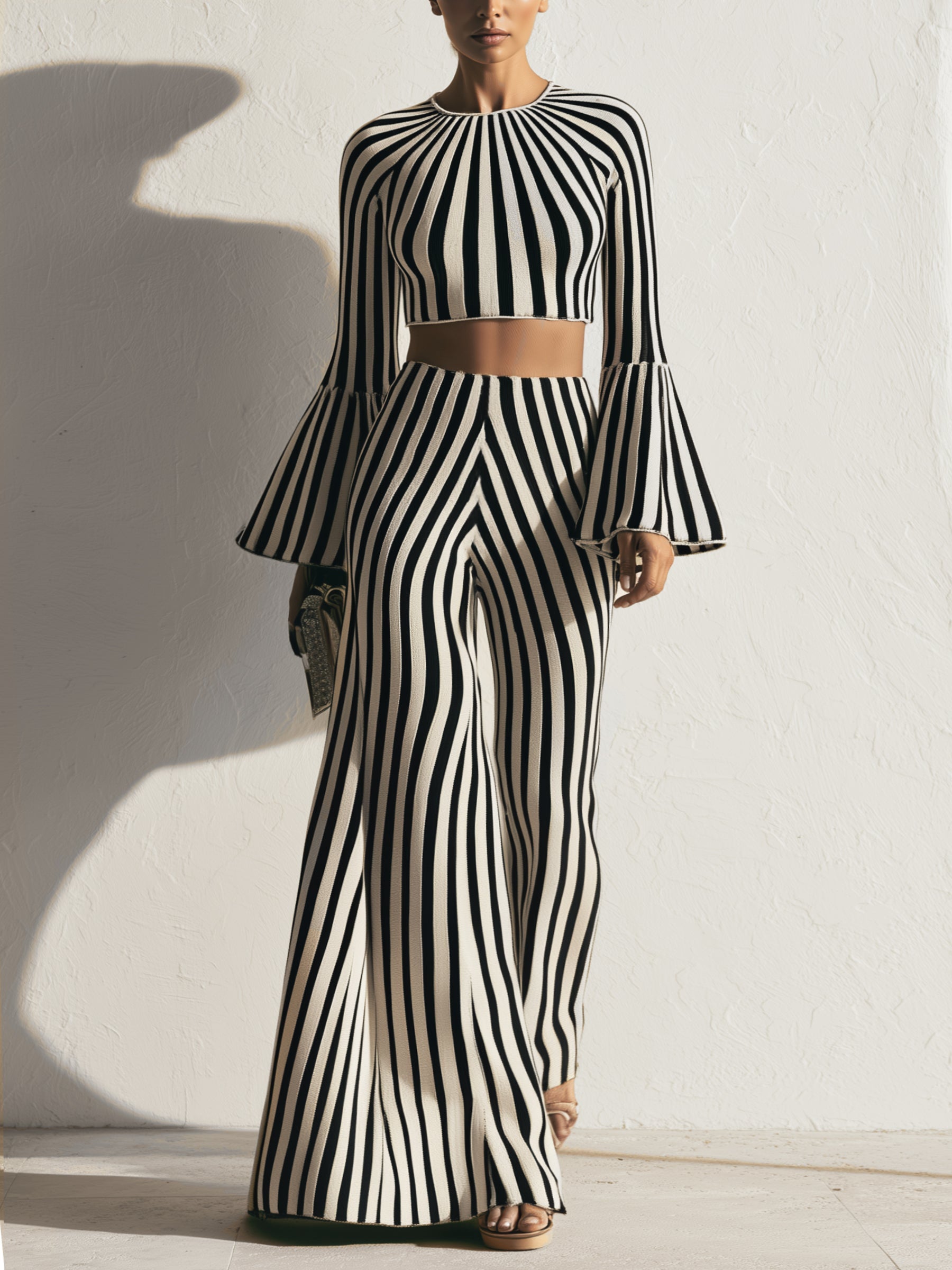 Striped Knit Two-Piece Set – Bell Sleeve Crop Top