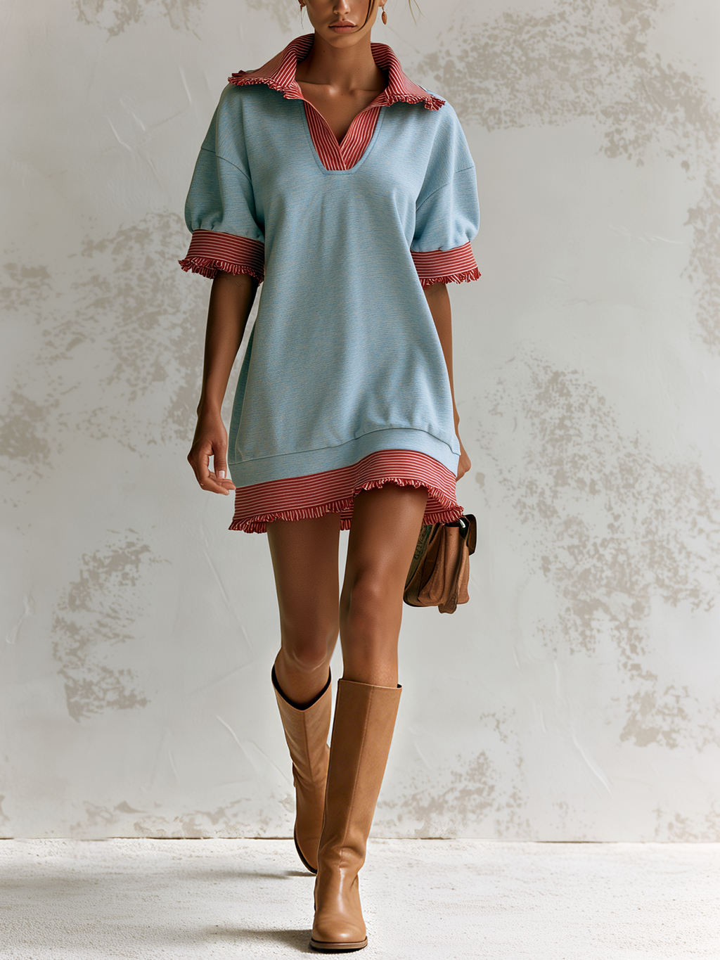 Light Blue Fake Two-Piece Striped Fringe Polo Mini Sweatshirt Dress